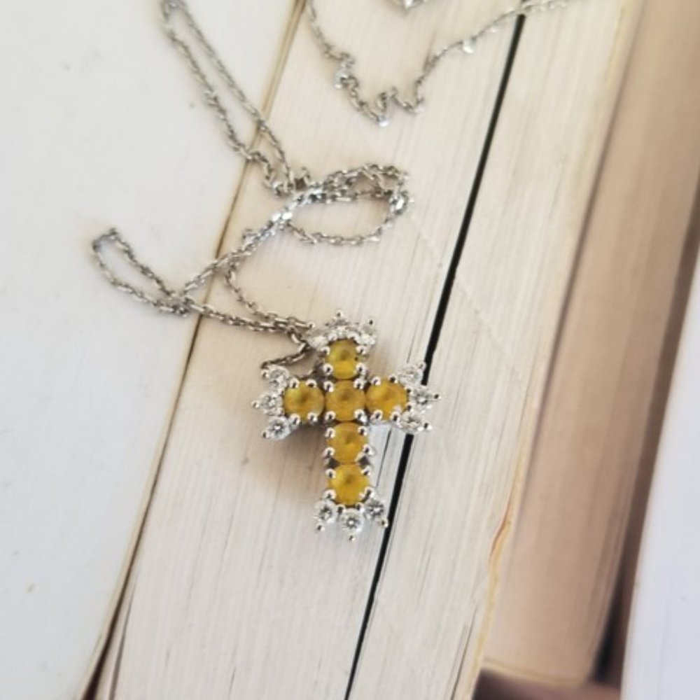 Yellow Sapphire diamond cross 18k w/10k chain - Picture 2 of 5